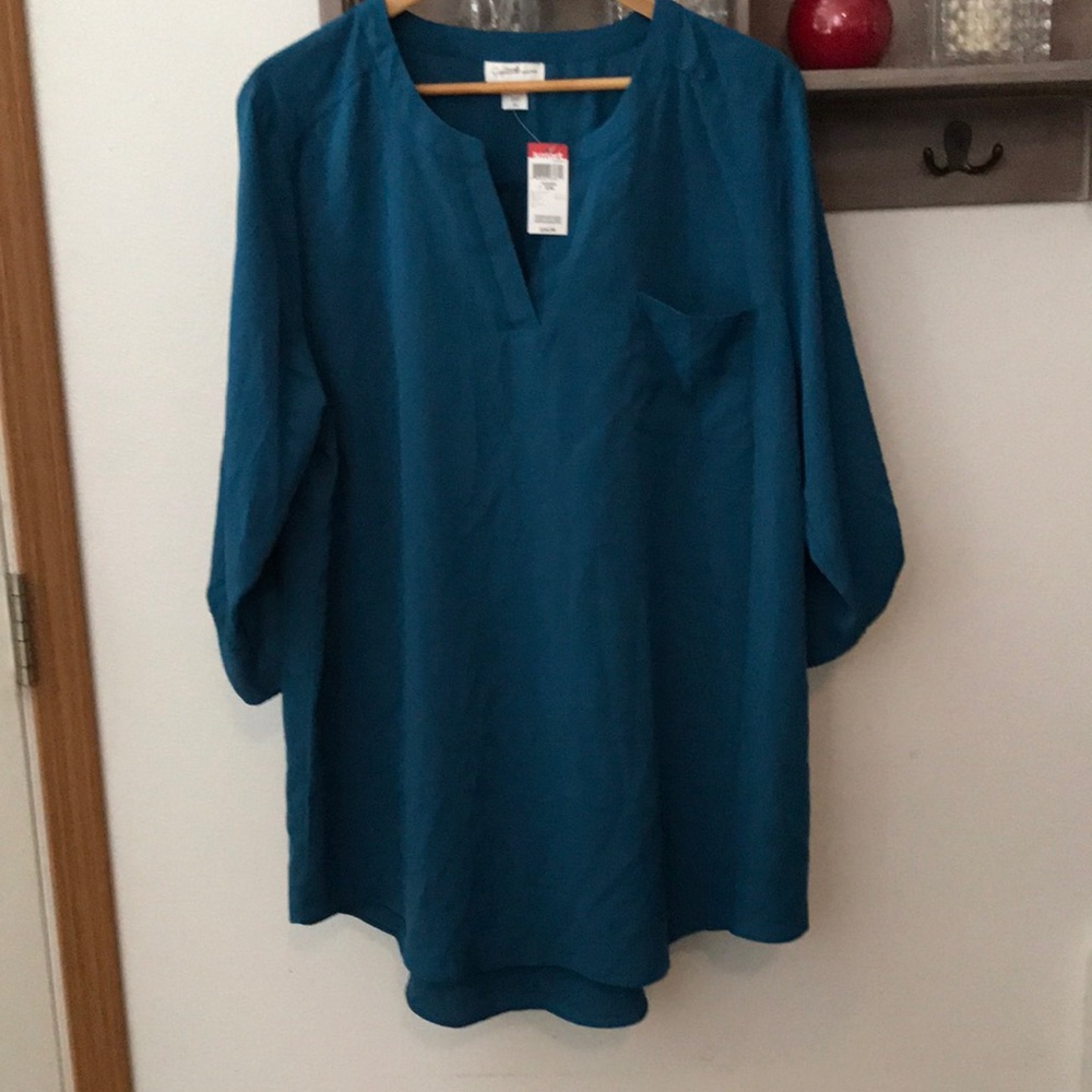 Jaclyn Smith blouse dark teal, 3/4 sleeves, pocket, XXLarge
